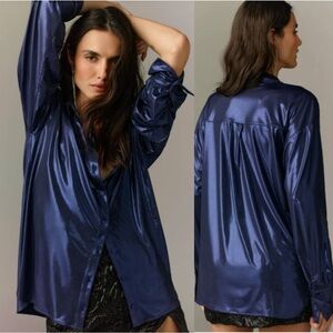 NWT Anthropologie Gillian Liquid Shine Button Down Blouse Metallic Blue XS